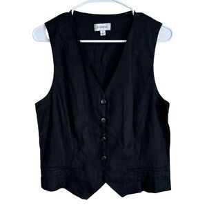 Evereve Vest Women’s Size Large V-Neck Button Front In Black Linen Blend